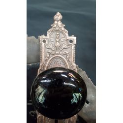 Set of 6 Mortice Lock Sets with Ornate Red Brass Back Plates and Black Porcelain Knobs #GA1178