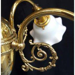 Ornate Brass 4 Light Chandelier with Milk Glass Tulip Shades #GA513
