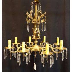 1800's Art Nouveau Cast Brass 8 Light Prism Chandelier 25" W x 40" T #GA500