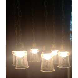 Six Light Round Brass Chandelier with Steuben Etched Glass Iridescent Shades #GA2029
