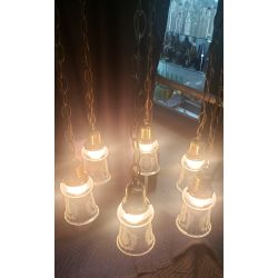 Six Light Round Brass Chandelier with Steuben Etched Glass Iridescent Shades #GA2029