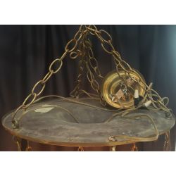 Six Light Round Brass Chandelier with Steuben Etched Glass Iridescent Shades #GA2029