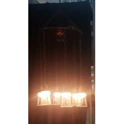 Six Light Round Brass Chandelier with Steuben Etched Glass Iridescent Shades #GA2029