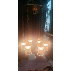 Six Light Round Brass Chandelier with Steuben Etched Glass Iridescent Shades #GA2029