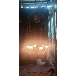 Six Light Round Brass Chandelier with Steuben Etched Glass Iridescent Shades #GA2029