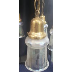 Six Light Round Brass Chandelier with Steuben Etched Glass Iridescent Shades #GA2029