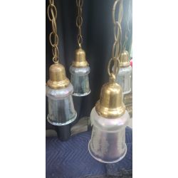 Six Light Round Brass Chandelier with Steuben Etched Glass Iridescent Shades #GA2029