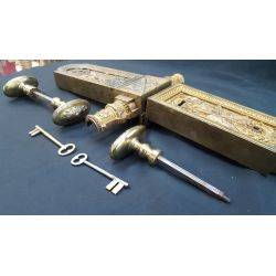 Rare 1800s Ornate Solid Brass Griffin Design Double Door Rim Lock Set with Keys #GA1060