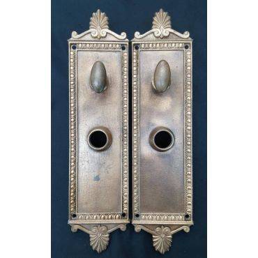 Pair of Art Deco Solid Bronze Door Knob Back Plates with Lock Turn #GA4213