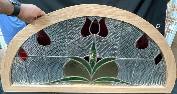 Half Moon Stained Glass Window with Red Tulips in Red Oak Frame #GA2263