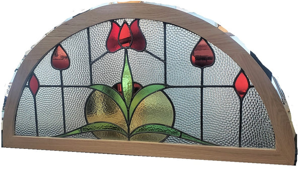 Half Moon Stained Glass Window with Red Tulips in Red Oak Frame #GA2263