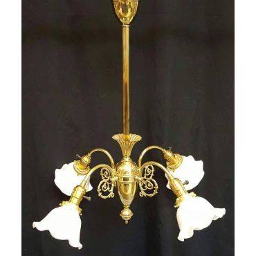 Ornate Brass 4 Light Chandelier with Milk Glass Tulip Shades #GA513