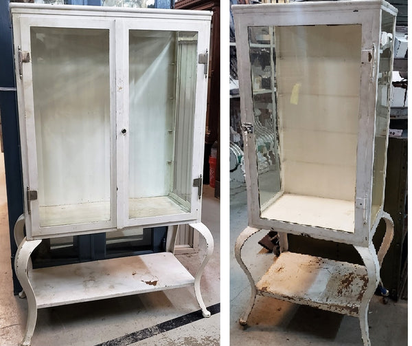 Pair of Steel Medical Cabinets with Beveled & Wavy Glass on Cabriole Legs #GA2190