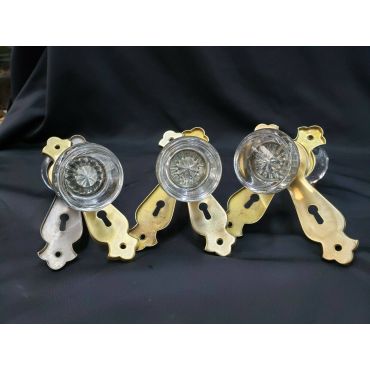 Set of 3 Round Lead Crystal Door Knobs with Brass Doorknob Backplates #GA4413