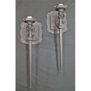 Pair of Very Large Black Cast Iron Wall Sconces #GA4355