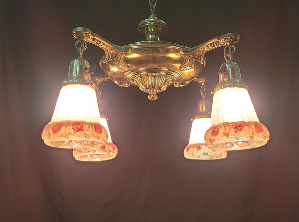 Restored Victorian 4 Light Brass Pan Chandelier w/ Shades 18" x 20" GS00993