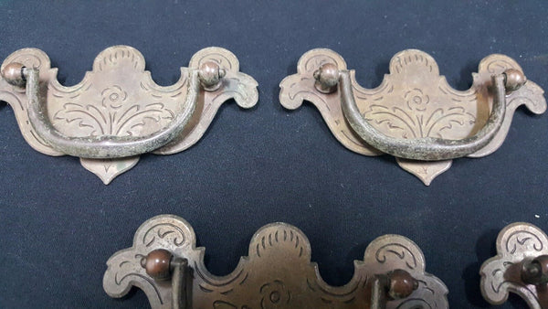 Architectural Salvage Brass Etched Floral Design Drawer Pull Handles Set of 9