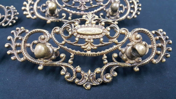Architectural Salvage Victorian Ornate Brass Filigree Wide Drawer Pulls Set of 4