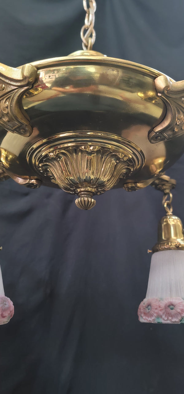Restored Victorian 4 Light Brass Pan Chandelier w/ Shades 18" x 20" GS00993