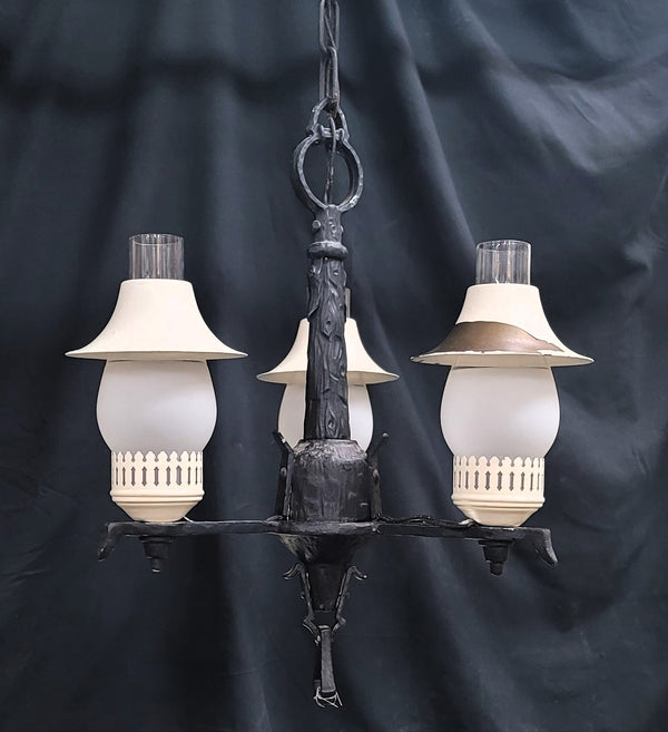 Gothic Style 3 Light Chandelier w/ Glass Chimneys & Brass Caps 19"x14" GS00949