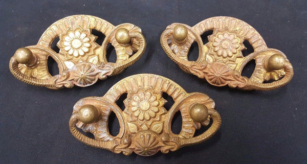 Architectural Salvage Brass Daisy & Tulip Design Drawer Pull Handles Set of 3