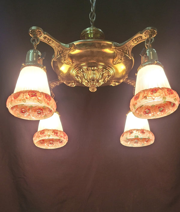 Restored Victorian 4 Light Brass Pan Chandelier w/ Shades 18" x 20" GS00993