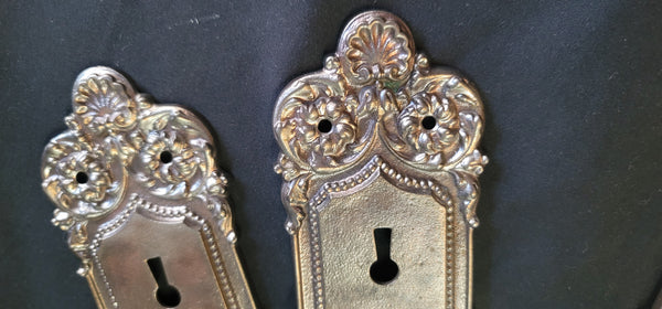 Restored Art Nouveau Door Knob Back Plates - 2 Pair 8 3/4" x 2 1/2" GS00581