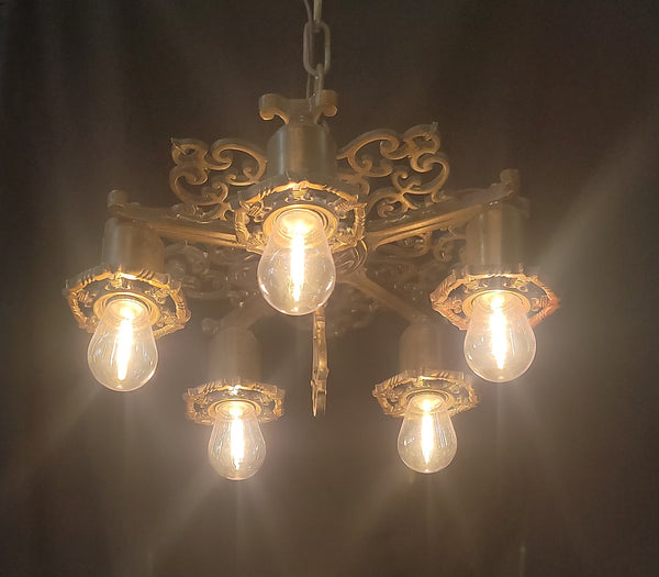 Restored Ornate Art Nouveau Solid Brass 5 Light Chandelier 13"x 30" GS00985