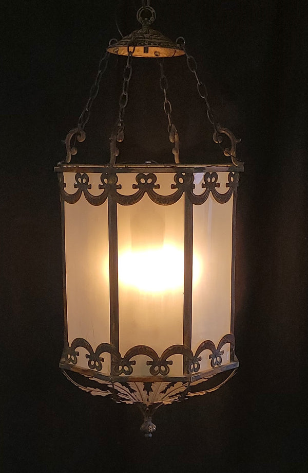 Large Octagon Shaped 4 Light Iron & Glass Chandelier 44" T x 19 1/2" W GS00951