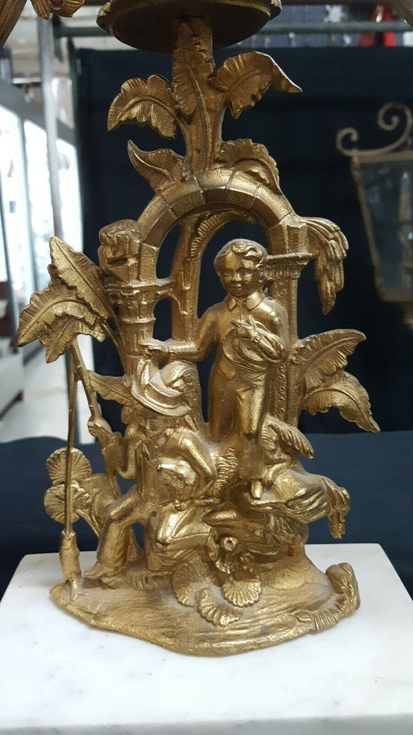 Antique Ornate Solid Brass Candelabra with a Renaissance Design on Marble Base