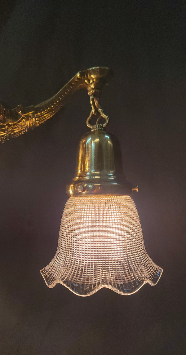 Restored 3 Light Victorian Brass Pan Chandelier w/ Shades 16" x 41" GS00986
