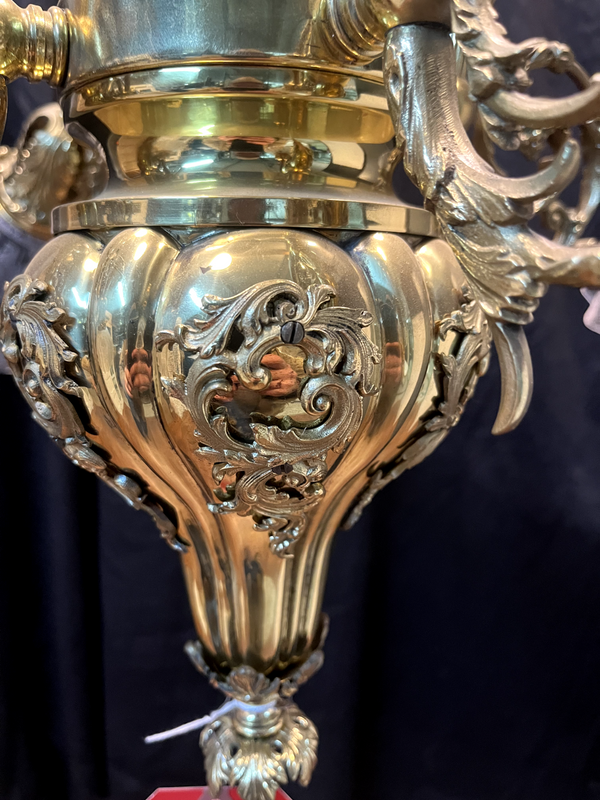 Ornate 4 Light Brass Chandelier with Pleated Etched Shades GA10208