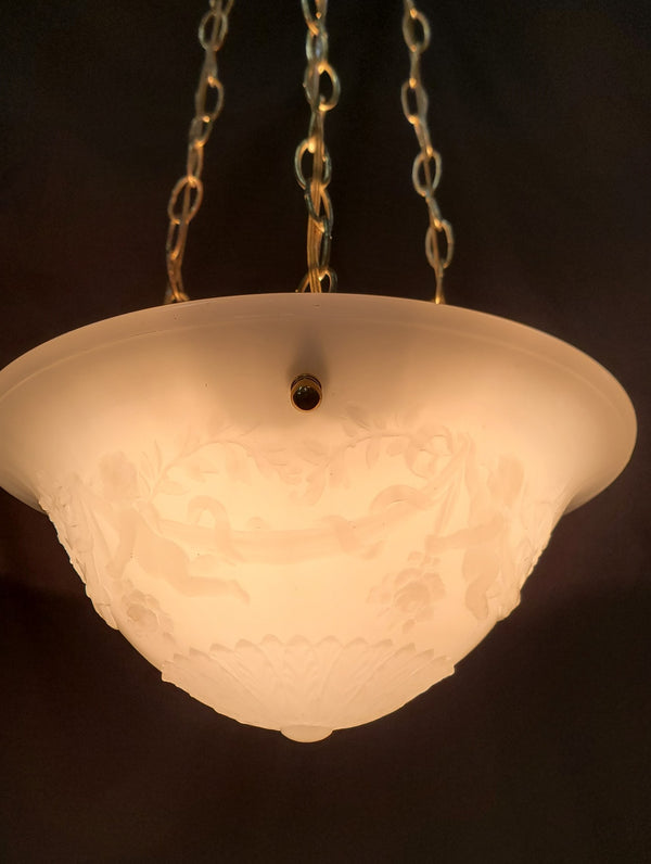 Restored Neo Classical Pendant Light w/ Textured Shade & Brass Chains GS01070