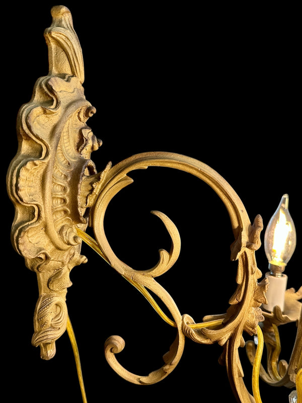 Restored Antique Solid Brass 5-Light Wall Sconce w/ Crystal Pendants GA20707