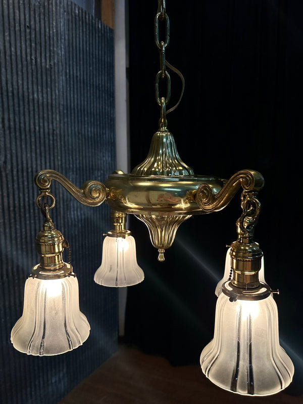 Restored Antique Brass Pan 4-Arm Chandelier GA21009