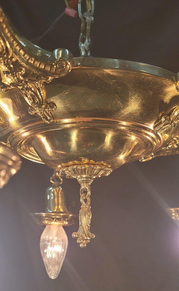 Restored 5 Light Brass Pan Chandelier w/ On/off Knobs 18" x 12" GS00969