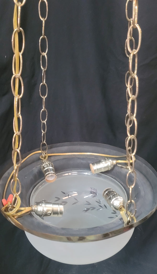 Restored Victorian Brass Pan Chandelier w/ Etched Glass Shade 16" x 45" GS00981