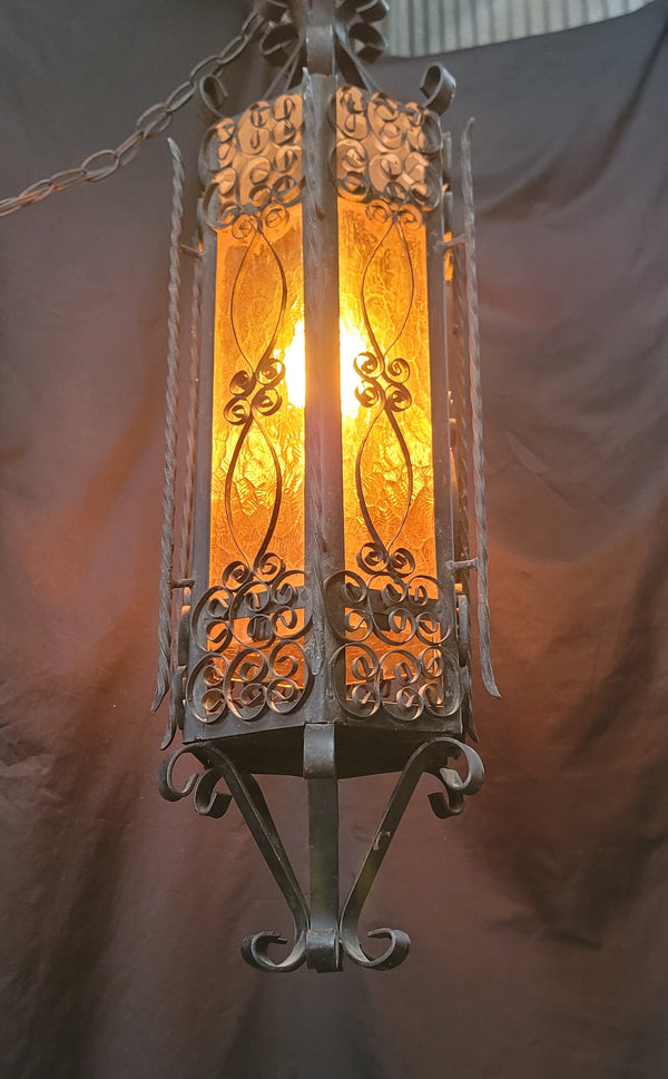 Victorian Gothic Wrought Iron Pendant Light w/ Textured Amber Glass 31"T GS00925
