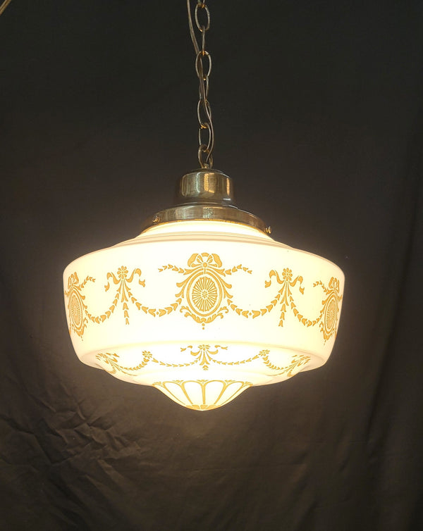 Vintage White Schoolhouse Pendant Light w/Brass Bell Shaped Fitter GS00645