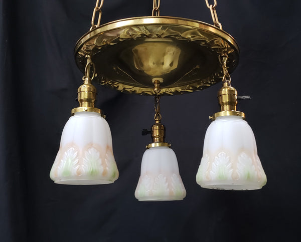 Restored Victorian 3 Light Brass Pan Chandelier w/ Shades 14"x 36" GS00978
