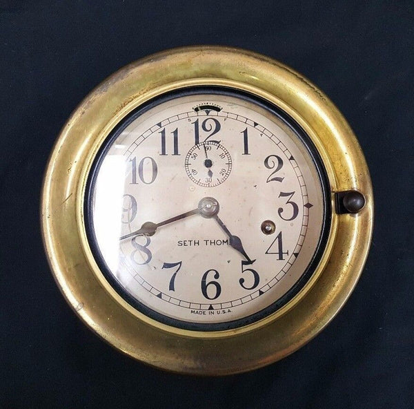 1930's Seth Thomas Maritime Ships Porthole Clock w/ Key 7 3/4" x 3 3/8" GS00723