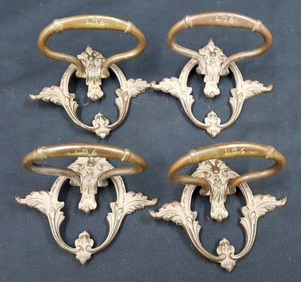Architectural Salvage Ornate Scroll & Leaf Brass Drawer Pull Handles Set of 4
