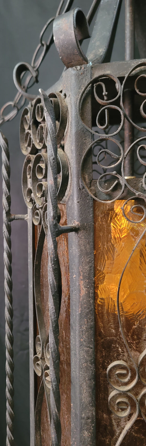 Victorian Gothic Wrought Iron Pendant Light w/ Textured Amber Glass 31"T GS00925