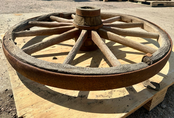 Antique Rustic Wooden Wagon Wheel w/ Forged Iron Rim GA20956