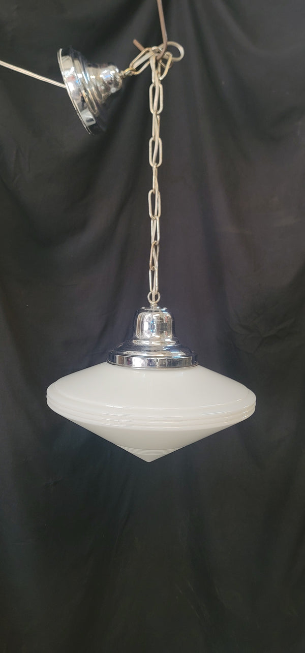 Restored Art Deco Pendant Light w/ Bullseye Point Shade & Chrome Trim GS01031