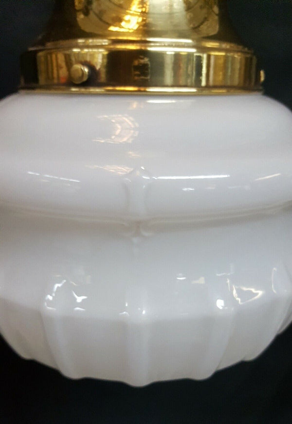 Restored Art Deco White Opaque Pendant Light Fixture with Brass Trim GA4347