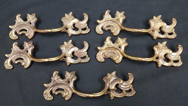 Architectural Salvage Brass Leaf Design Wide Drawer Pull Handles Set of 5