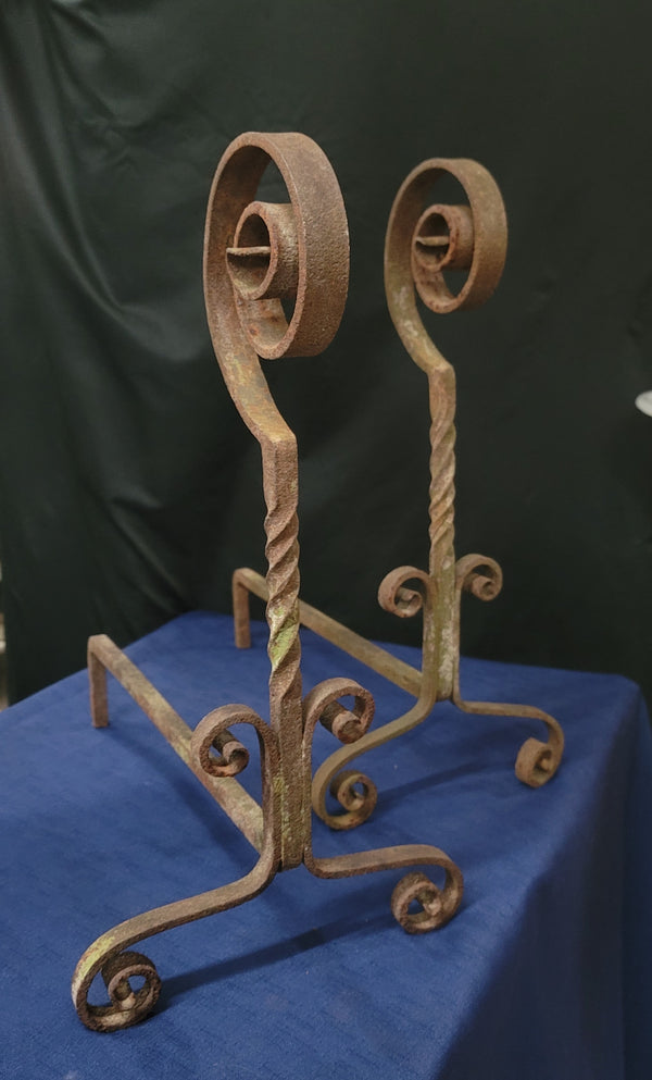 Vintage Pair of Art Deco Wrought Iron Andirons 20" T x 10" W GS00842