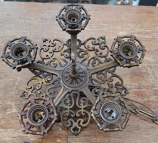 Restored Ornate Art Nouveau Solid Brass 5 Light Chandelier 13"x 30" GS00985
