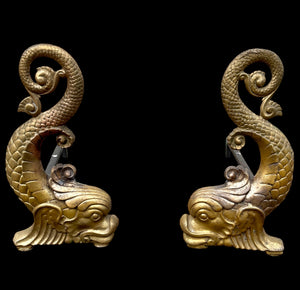 Restored Pair of Solid Brass Dolphin Fish Andirons GA20590
